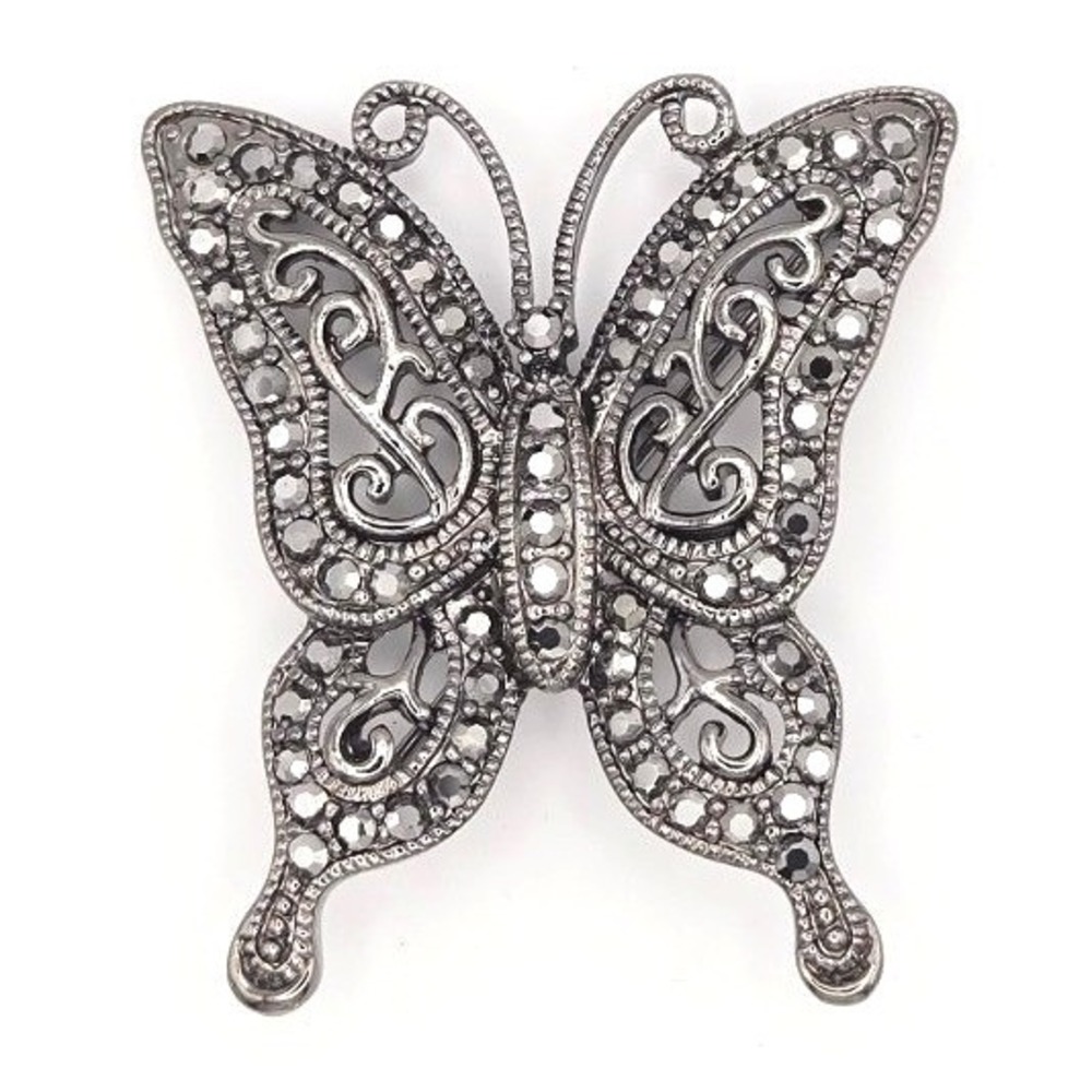 Lia Sophia "Wind Song" Rhinestone Butterfly Brooch Pin Dark Silver Tone Filigree